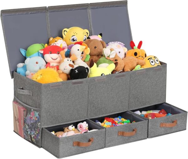 Upgraded Toy Box with 3 Grids, Drawers & Mesh Pockets – Kids Storage Organizer for Playroom