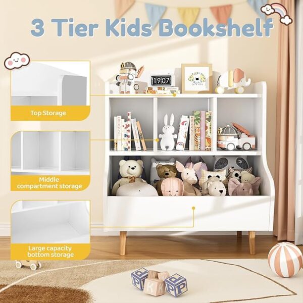 3-Tier Kids Toy & Bookshelf Organizer, 5-Cube, White - Image 3