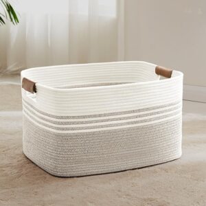 Extra Large Cotton Laundry Basket with Leather Handles, Beige Brown, 22”x17”x12”