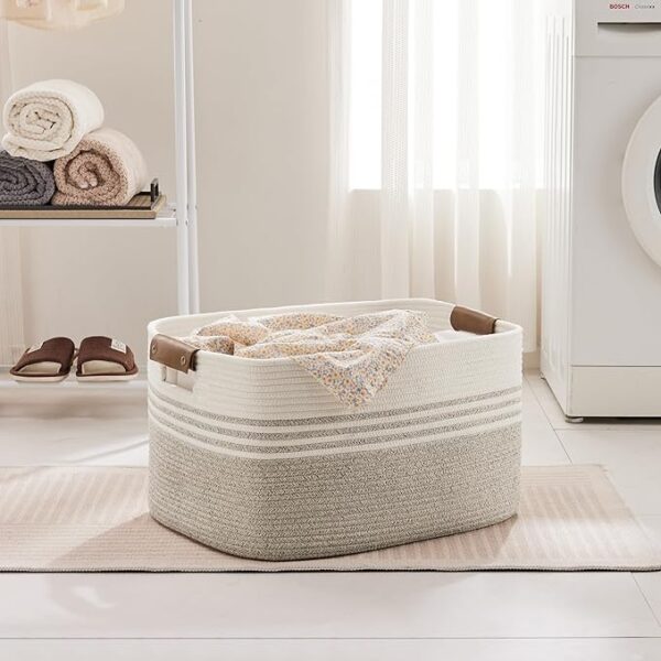 Extra Large Cotton Laundry Basket with Leather Handles, Beige Brown, 22”x17”x12” - Image 2