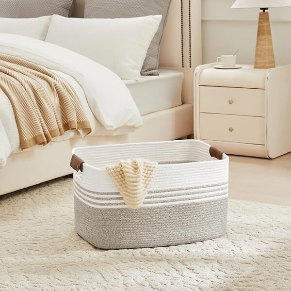 Extra Large Cotton Laundry Basket with Leather Handles, Beige Brown, 22”x17”x12” - Image 3