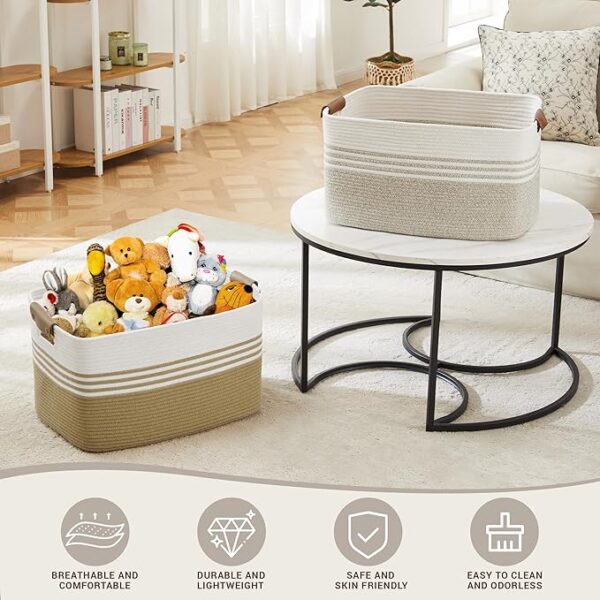 Extra Large Cotton Laundry Basket with Leather Handles, Beige Brown, 22”x17”x12” - Image 4
