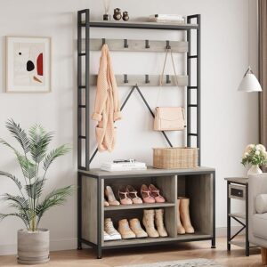 Hall Tree with Bench, Coat Rack & Shoe Storage – Industrial Entryway Organizer with Cubbies