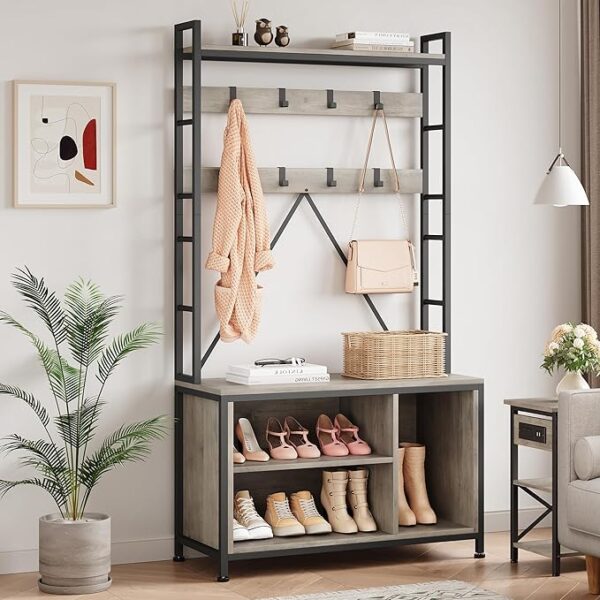 Hall Tree with Bench, Coat Rack & Shoe Storage – Industrial Entryway Organizer with Cubbies