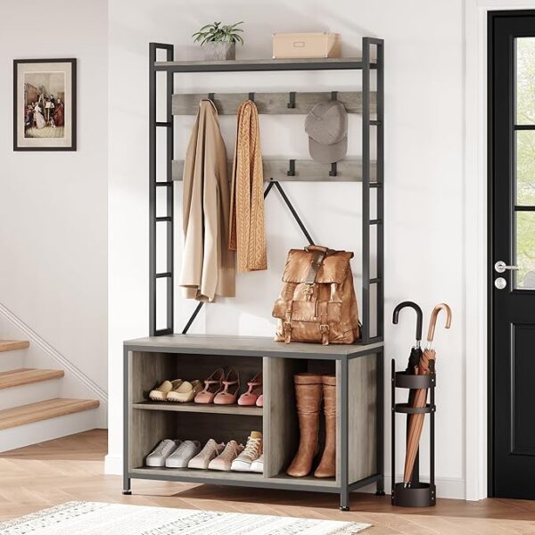 Hall Tree with Bench, Coat Rack & Shoe Storage – Industrial Entryway Organizer with Cubbies - Image 2
