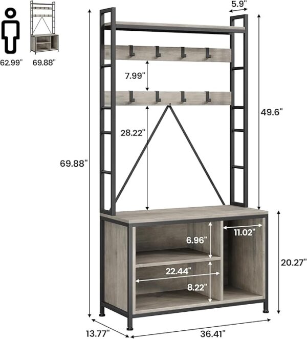 Hall Tree with Bench, Coat Rack & Shoe Storage – Industrial Entryway Organizer with Cubbies - Image 3