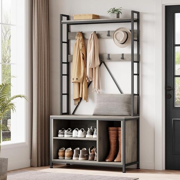 Hall Tree with Bench, Coat Rack & Shoe Storage – Industrial Entryway Organizer with Cubbies - Image 4