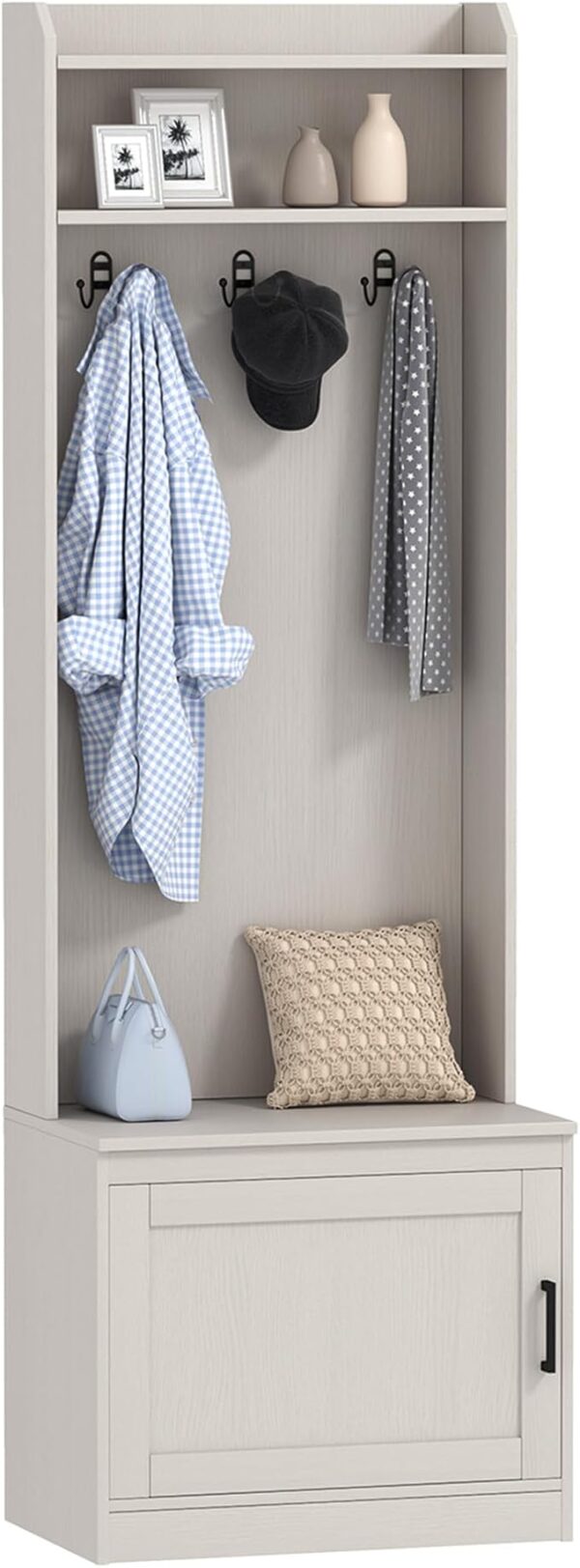 Narrow Hall Tree with Shoe Storage Bench & Coat Rack – Rustic Entryway Organizer, White Wood Grain