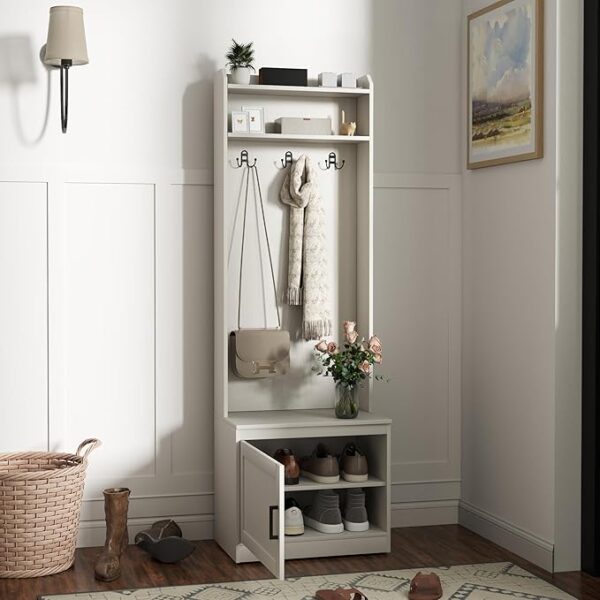 Narrow Hall Tree with Shoe Storage Bench & Coat Rack – Rustic Entryway Organizer, White Wood Grain - Image 2