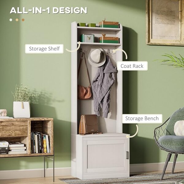 Narrow Hall Tree with Shoe Storage Bench & Coat Rack – Rustic Entryway Organizer, White Wood Grain - Image 3