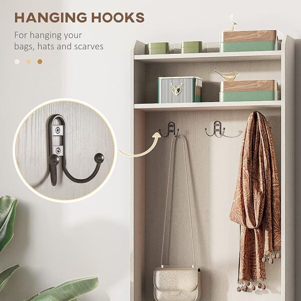 Narrow Hall Tree with Shoe Storage Bench & Coat Rack – Rustic Entryway Organizer, White Wood Grain - Image 4