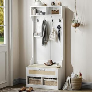 Hall Tree with Bench & Shoe Storage – Entryway Coat Rack with 6 Compartments, 4 Hooks & Rattan Doors, White