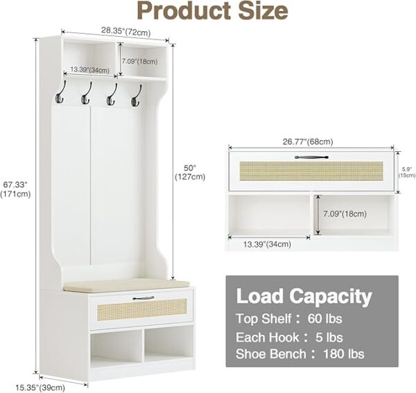 Hall Tree with Bench & Shoe Storage – Entryway Coat Rack with 6 Compartments, 4 Hooks & Rattan Doors, White - Image 2
