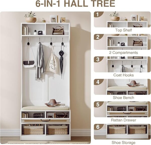 Hall Tree with Bench & Shoe Storage – Entryway Coat Rack with 6 Compartments, 4 Hooks & Rattan Doors, White - Image 3