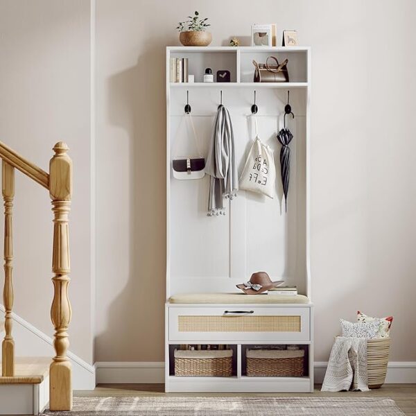 Hall Tree with Bench & Shoe Storage – Entryway Coat Rack with 6 Compartments, 4 Hooks & Rattan Doors, White - Image 4