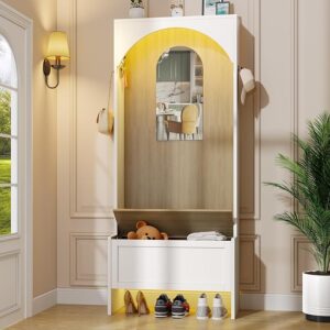 71.65" Hall Tree with Bench, Shoe Storage & Mirror – 7-in-1 Entryway Organizer with Coat Rack & Sensor Light, White/Brown