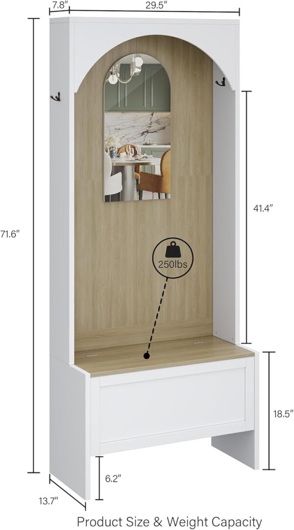 71.65" Hall Tree with Bench, Shoe Storage & Mirror – 7-in-1 Entryway Organizer with Coat Rack & Sensor Light, White/Brown - Image 2