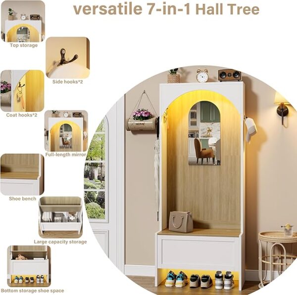 71.65" Hall Tree with Bench, Shoe Storage & Mirror – 7-in-1 Entryway Organizer with Coat Rack & Sensor Light, White/Brown - Image 3