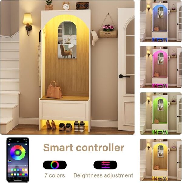 71.65" Hall Tree with Bench, Shoe Storage & Mirror – 7-in-1 Entryway Organizer with Coat Rack & Sensor Light, White/Brown - Image 4