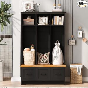 40" Multi-Functional Hall Tree with Bench, Shelves & Drawers – Black Wood Entryway Organizer