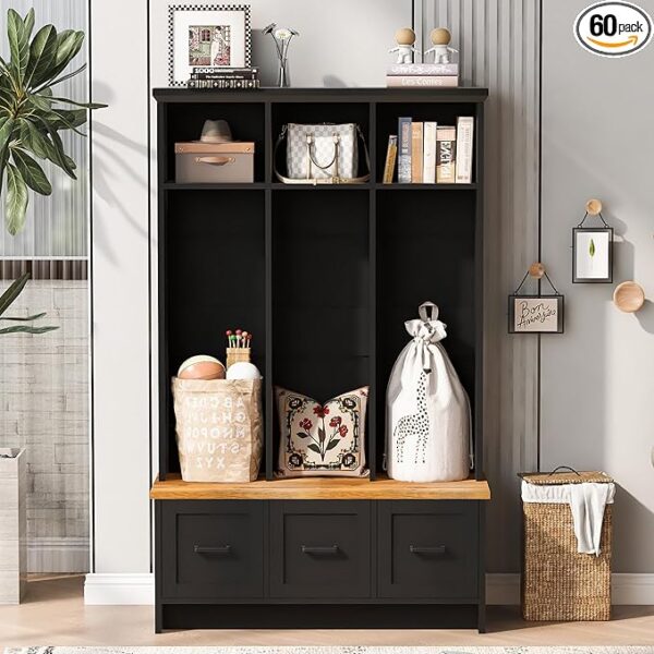 40" Multi-Functional Hall Tree with Bench, Shelves & Drawers – Black Wood Entryway Organizer