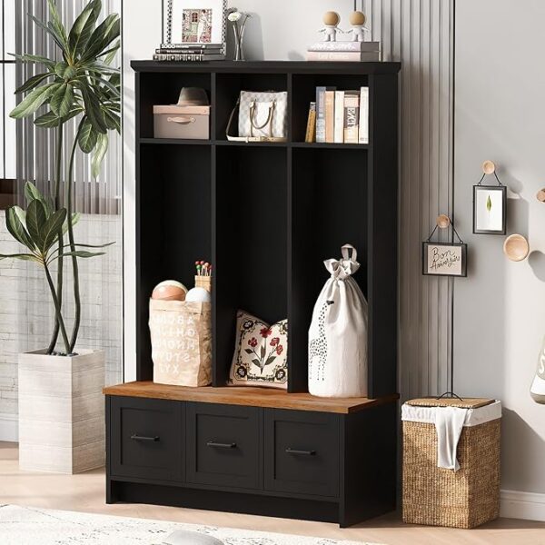 40" Multi-Functional Hall Tree with Bench, Shelves & Drawers – Black Wood Entryway Organizer - Image 2