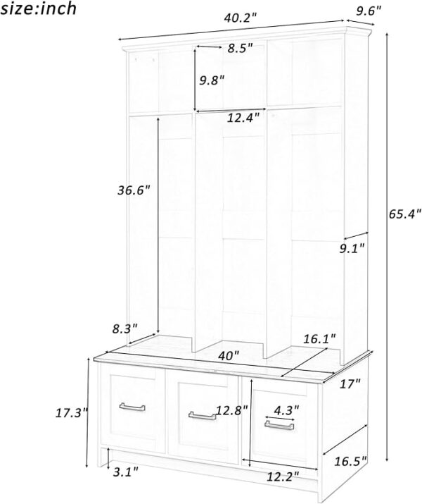40" Multi-Functional Hall Tree with Bench, Shelves & Drawers – Black Wood Entryway Organizer - Image 3