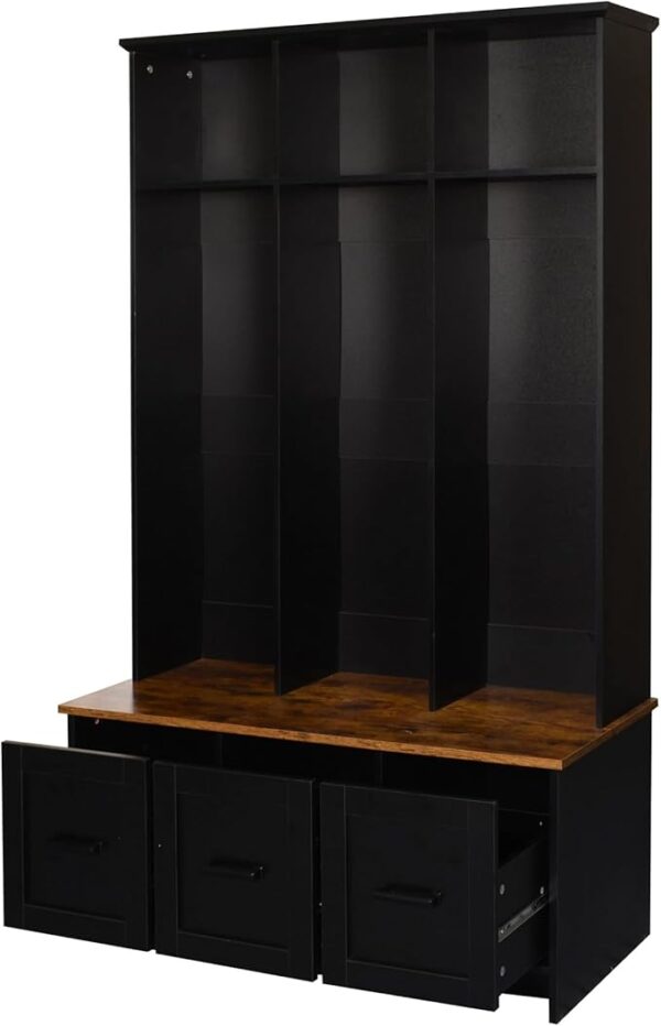 40" Multi-Functional Hall Tree with Bench, Shelves & Drawers – Black Wood Entryway Organizer - Image 4