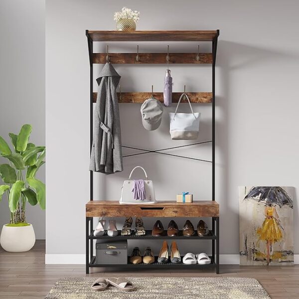 Hall Tree with Bench, Shoe Storage & 7 Hooks – Entryway Furniture with Hidden Compartment