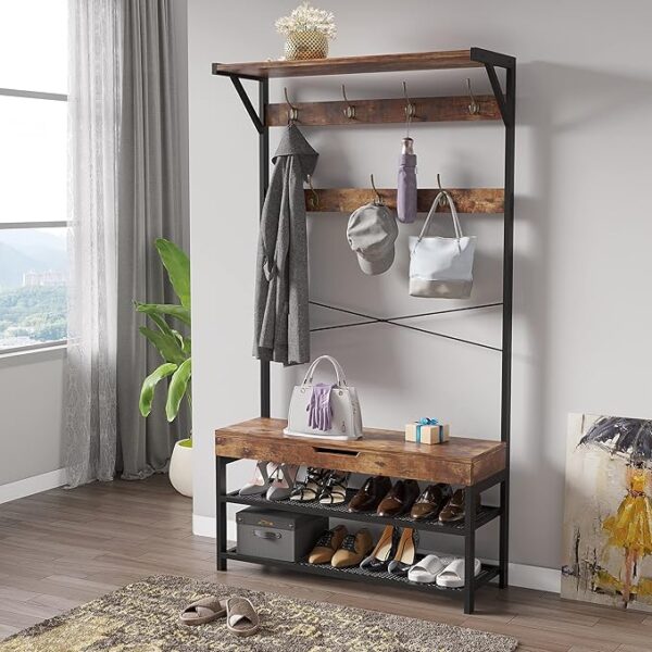 Hall Tree with Bench, Shoe Storage & 7 Hooks – Entryway Furniture with Hidden Compartment - Image 2
