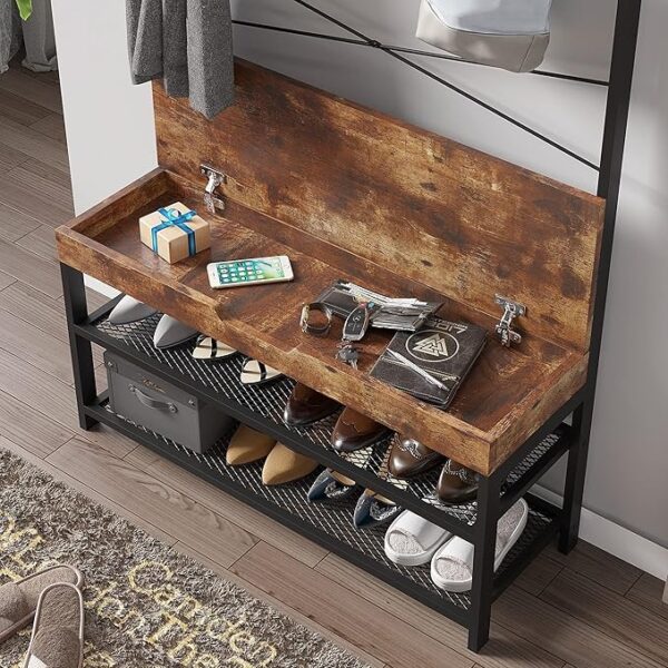 Hall Tree with Bench, Shoe Storage & 7 Hooks – Entryway Furniture with Hidden Compartment - Image 3