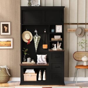 Modern Hall Tree with Bench, Coat Rack, 3 Shelves & Drawers – 40.2" Black Entryway Organizer