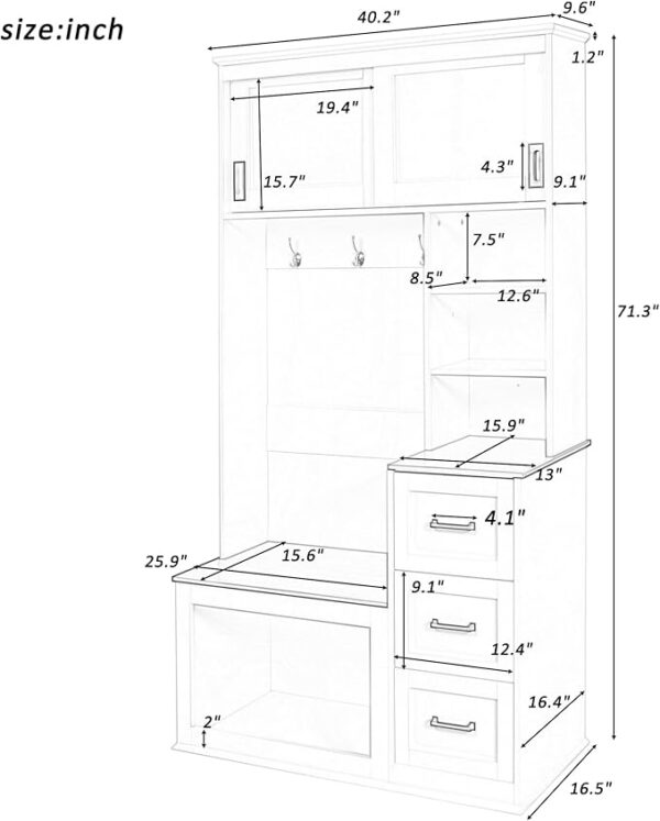 Modern Hall Tree with Bench, Coat Rack, 3 Shelves & Drawers – 40.2" Black Entryway Organizer - Image 2