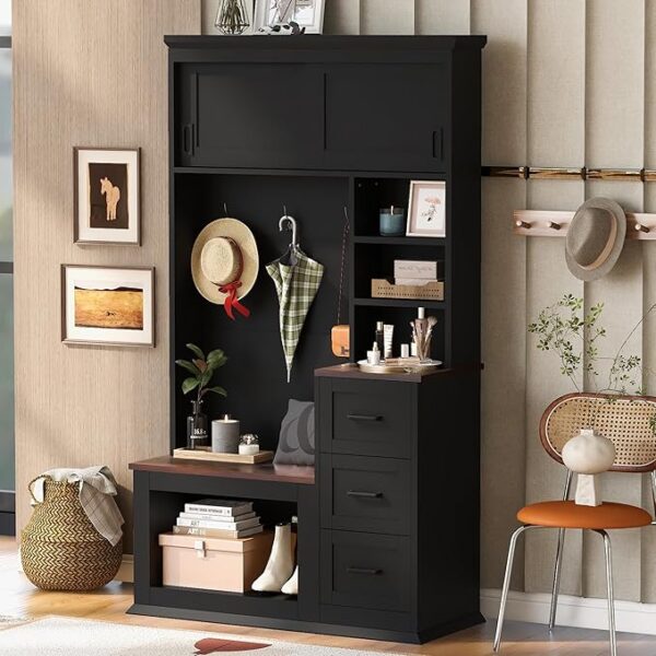 Modern Hall Tree with Bench, Coat Rack, 3 Shelves & Drawers – 40.2" Black Entryway Organizer - Image 3