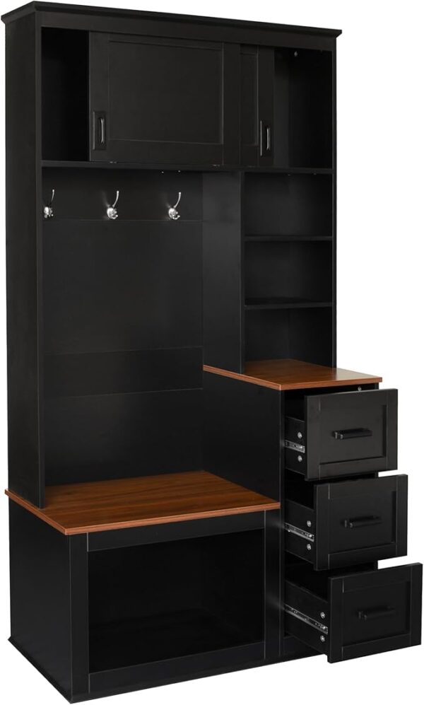 Modern Hall Tree with Bench, Coat Rack, 3 Shelves & Drawers – 40.2" Black Entryway Organizer - Image 4