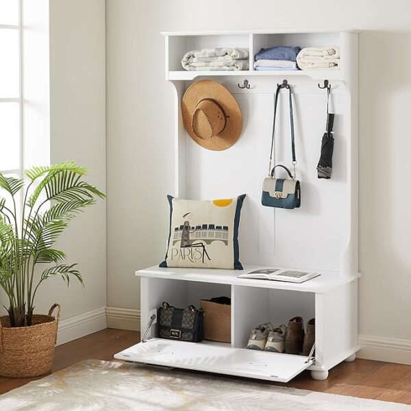 4-in-1 White Hall Tree with Bench, Hooks, Shelves & Shoe Storage – Entryway Organizer