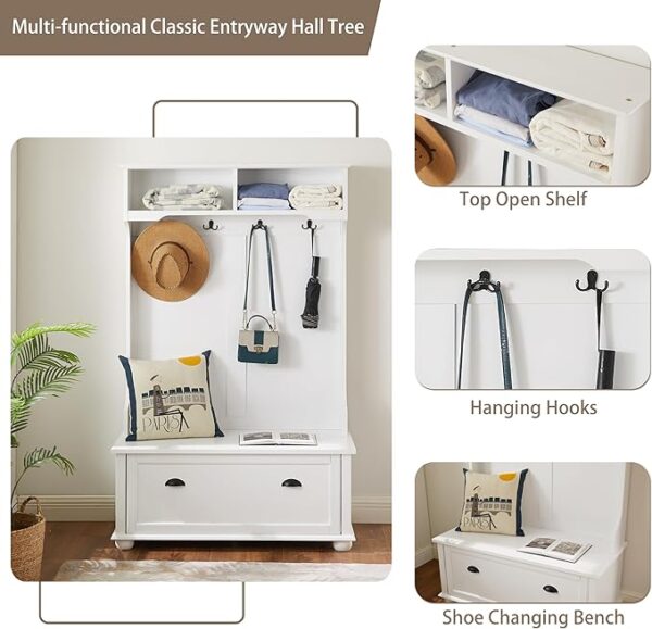 4-in-1 White Hall Tree with Bench, Hooks, Shelves & Shoe Storage – Entryway Organizer - Image 3