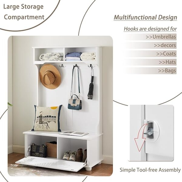 4-in-1 White Hall Tree with Bench, Hooks, Shelves & Shoe Storage – Entryway Organizer - Image 4