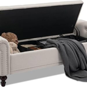 58.1" Upholstered Storage Bench with Tufted Seat & Rolled Arms – Beige Linen Ottoman