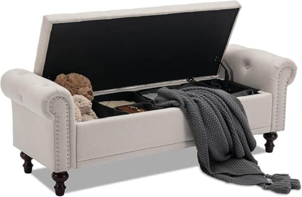 58.1" Upholstered Storage Bench with Tufted Seat & Rolled Arms – Beige Linen Ottoman