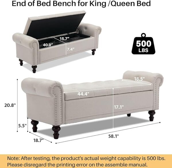 58.1" Upholstered Storage Bench with Tufted Seat & Rolled Arms – Beige Linen Ottoman - Image 2