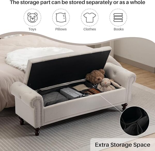 58.1" Upholstered Storage Bench with Tufted Seat & Rolled Arms – Beige Linen Ottoman - Image 3
