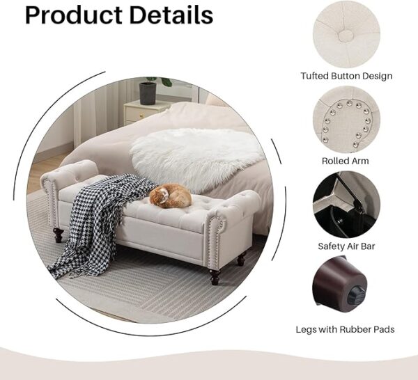58.1" Upholstered Storage Bench with Tufted Seat & Rolled Arms – Beige Linen Ottoman - Image 4