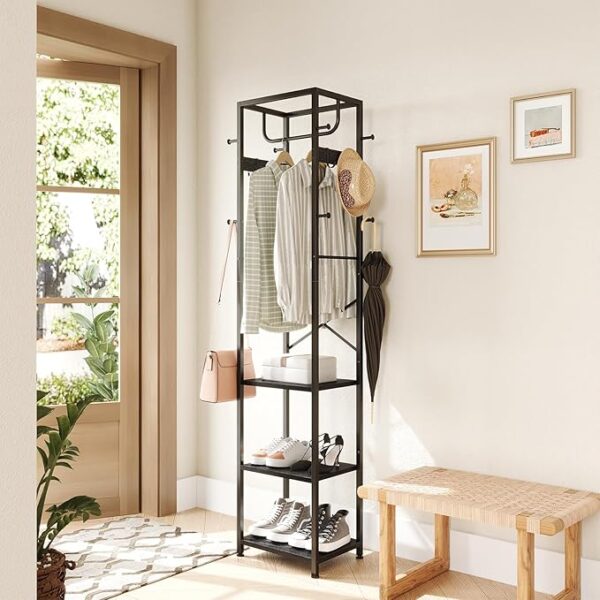 Freestanding Coat Rack with 3 Shelves & 12 Hooks – Metal Hall Tree Organizer, Black - Image 2
