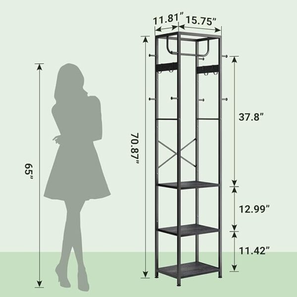 Freestanding Coat Rack with 3 Shelves & 12 Hooks – Metal Hall Tree Organizer, Black - Image 3