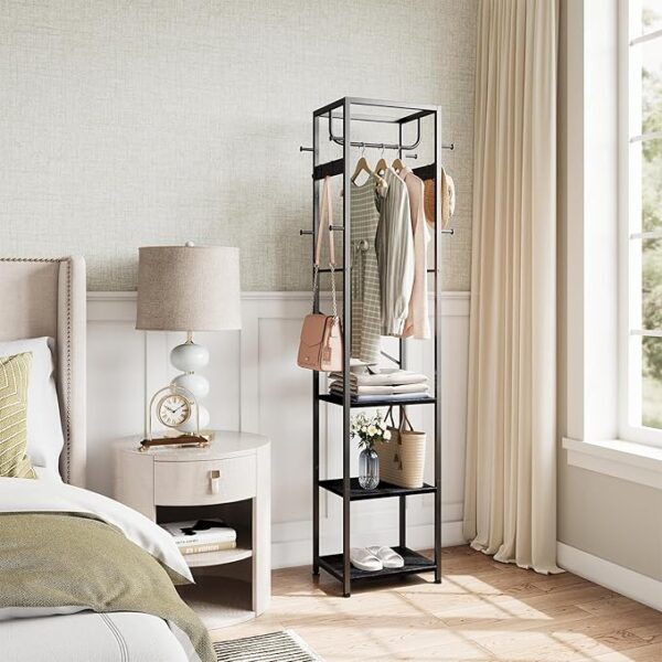 Freestanding Coat Rack with 3 Shelves & 12 Hooks – Metal Hall Tree Organizer, Black - Image 4