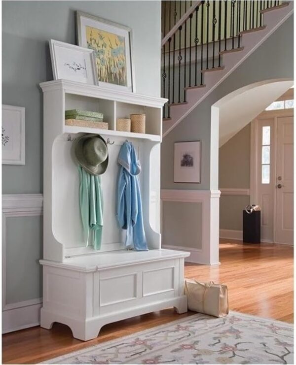 Entryway Hall Tree with Lift-Top Bench, Shelves & Coat Rack – White Wood - Image 3