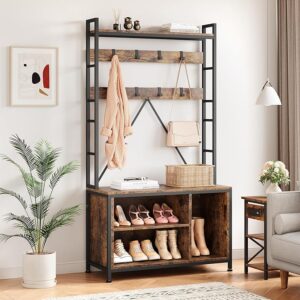 Industrial Hall Tree with Bench, Coat Rack & Shoe Cubbies – Entryway Organizer