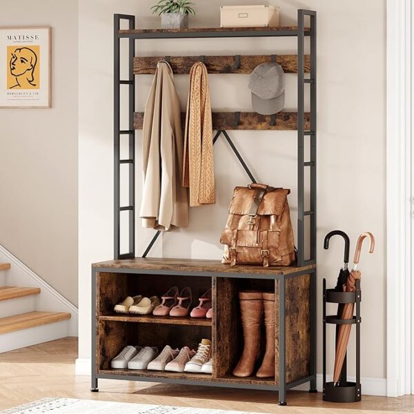 Industrial Hall Tree with Bench, Coat Rack & Shoe Cubbies – Entryway Organizer - Image 2
