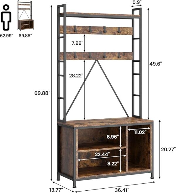 Industrial Hall Tree with Bench, Coat Rack & Shoe Cubbies – Entryway Organizer - Image 3